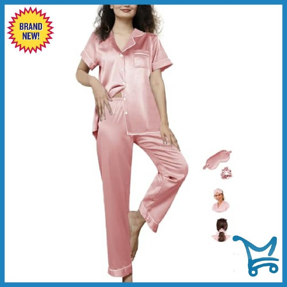 Silk Satin Pajama Set Shorts Button Down Loungewear Sleepwear - Picture 2 of 8
